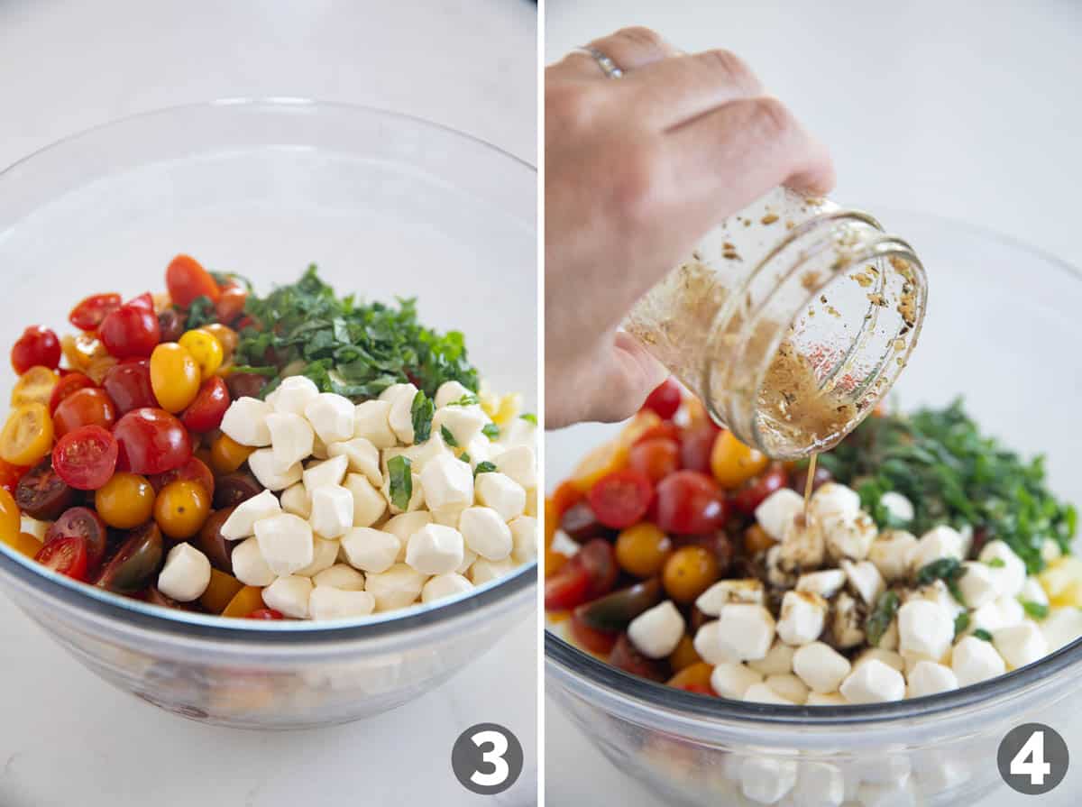 Mixing ingredients and adding dressing to a Caprese Pasta Salad.