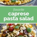 Caprese pasta salad collage with text bar in the middle.