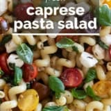 Caprese pasta salad with text overlay.