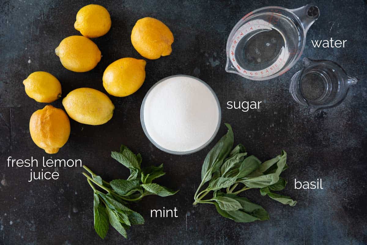 Ingredients for Mint and Basil Lemonade.