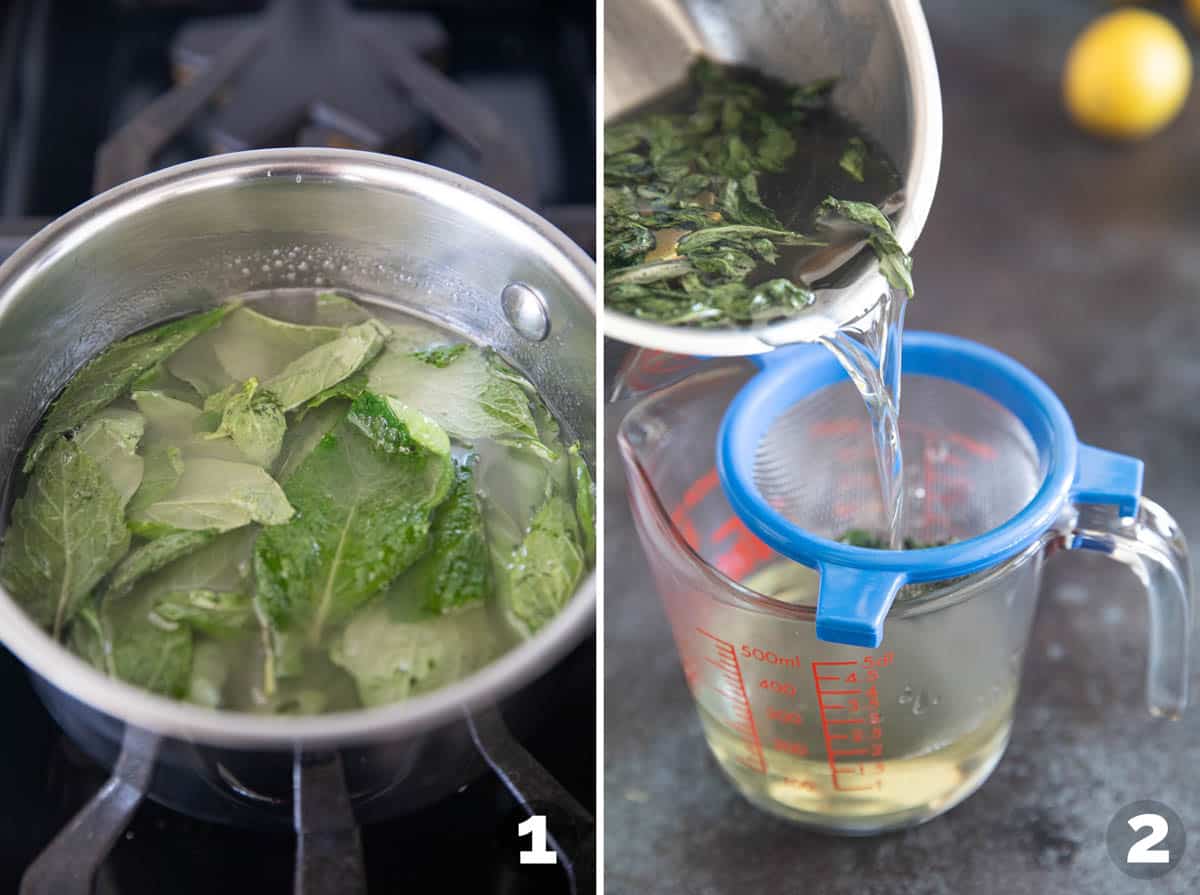 Making a mint and basil simple syrup.