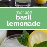 Mint and Basil Lemonade collage with text bar in the middle.
