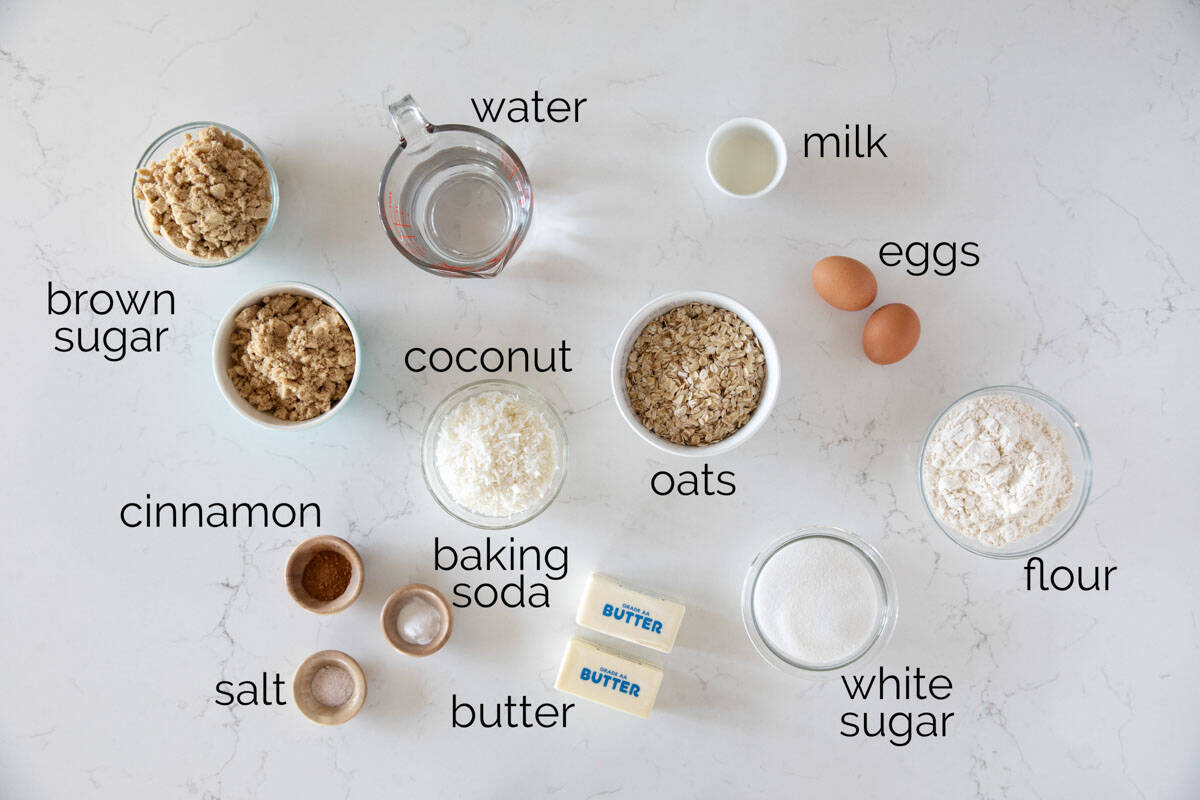 Ingredients needed to make an Oatmeal Cake.