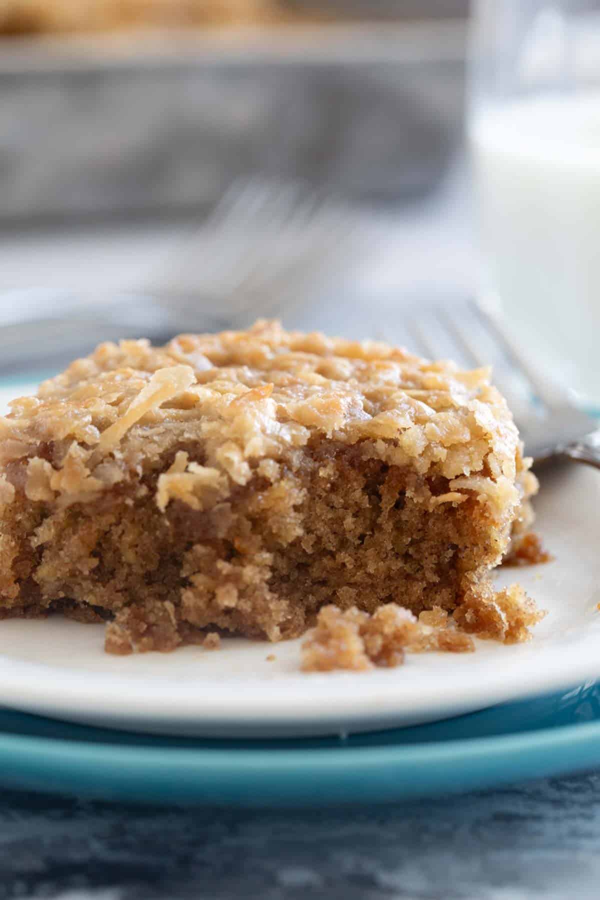 Oatmeal Cake with a forkful taken from it.