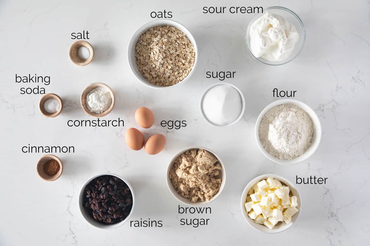 Ingredients to make Oatmeal Raisin Bars.