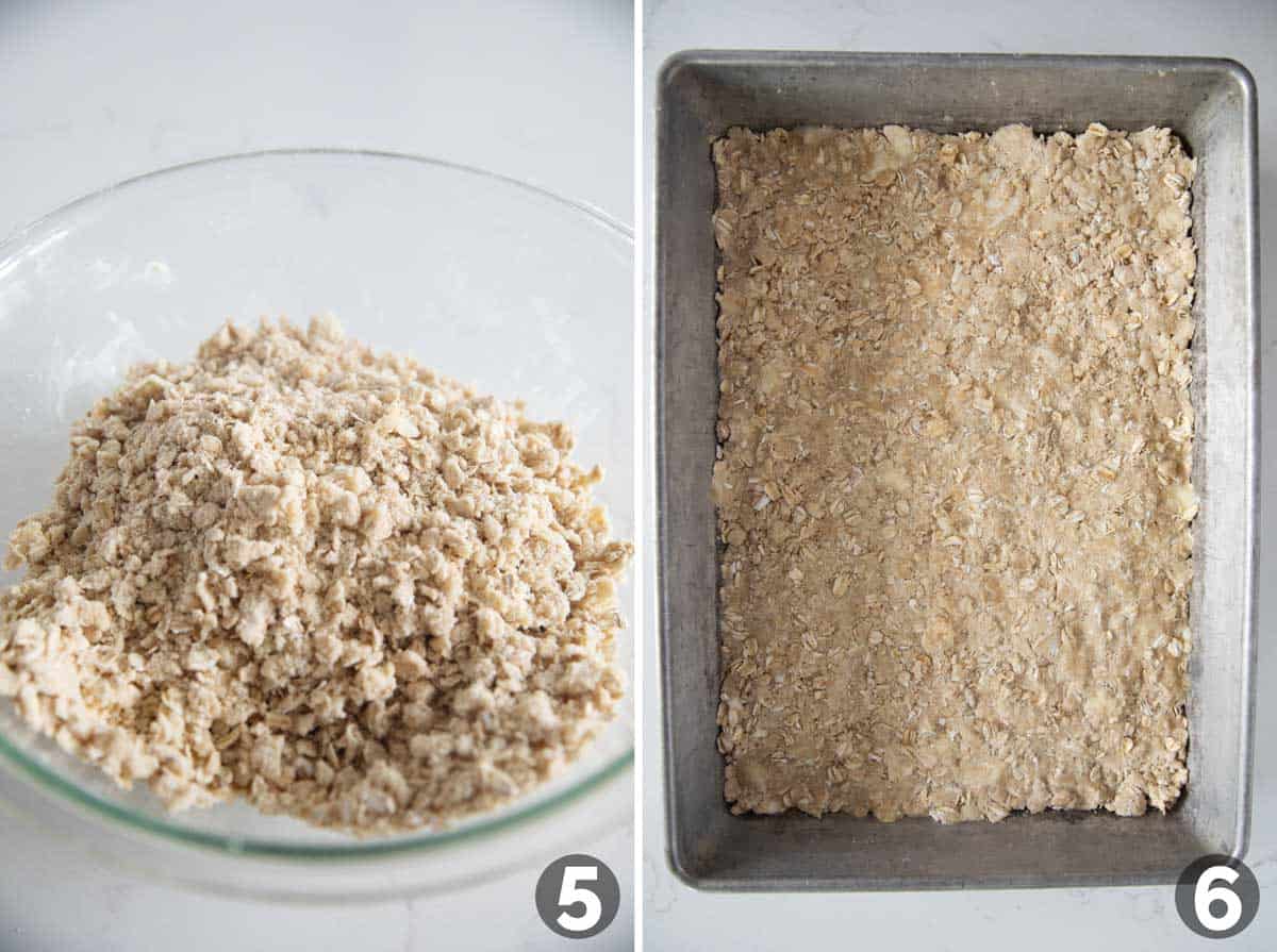 Making crumb mixture and pressing into crust of Oatmeal Raisin Bars.