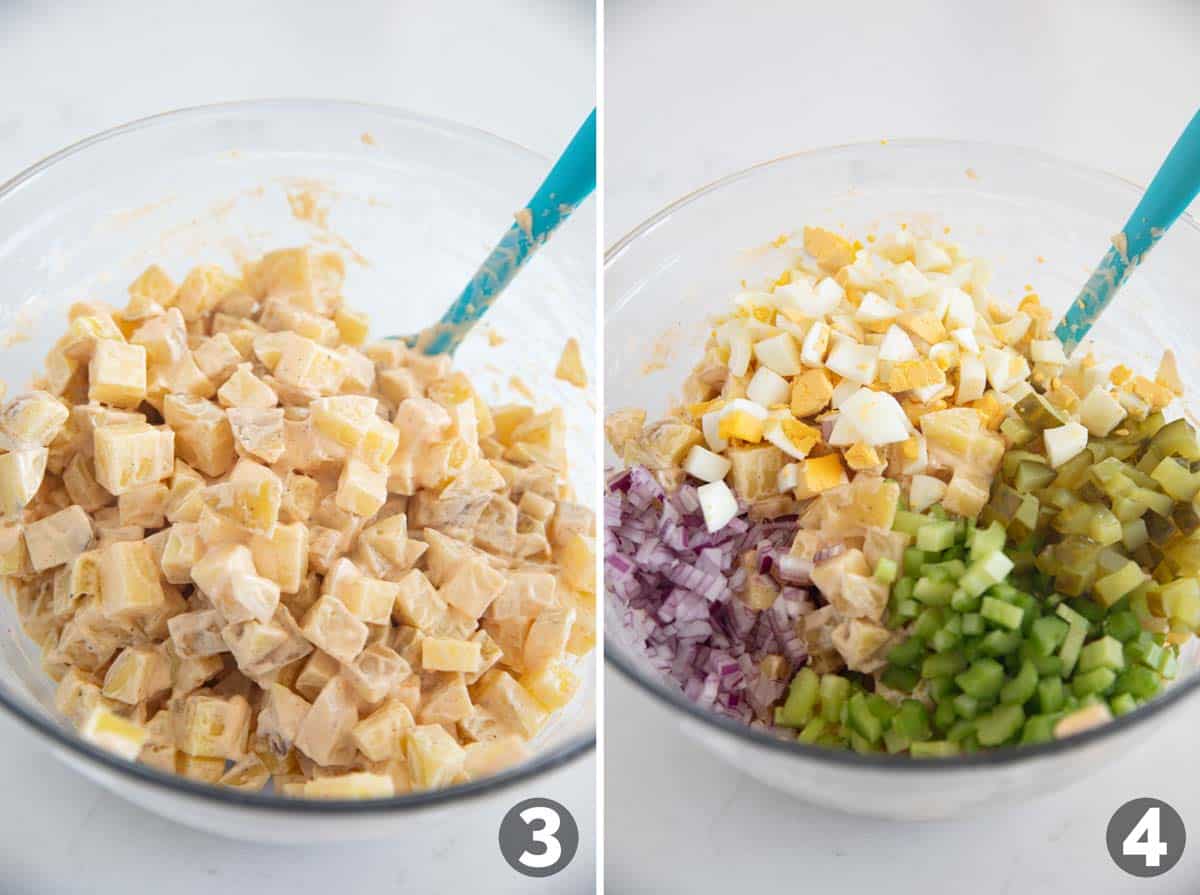 Mixing potatoes with dressing and adding vegetables and eggs for potato salad.