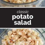 Potato Salad recipe collage with text bar in the middle.