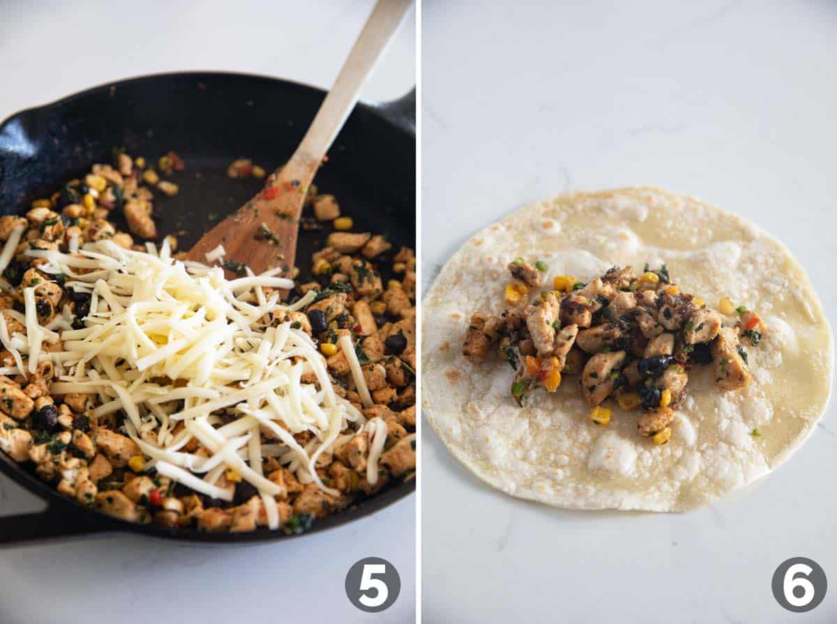 Adding cheese to filling, then putting filling onto a tortilla.