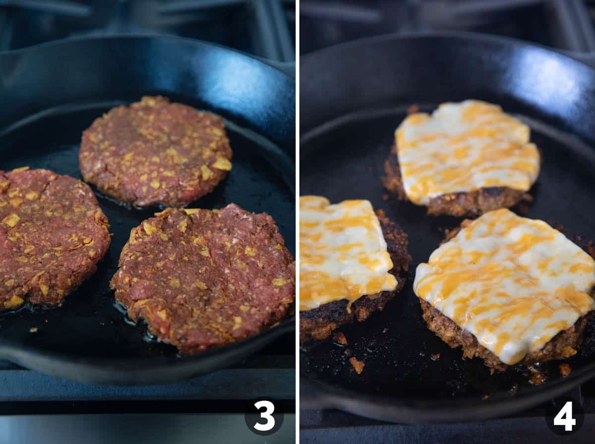 Cooking taco burgers in a cast iron skillet.