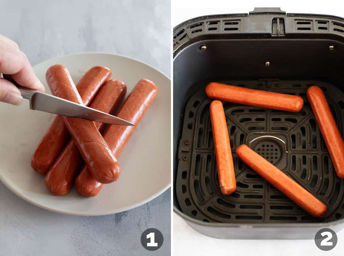 Scoring hot dogs and adding them to an air fryer basket.