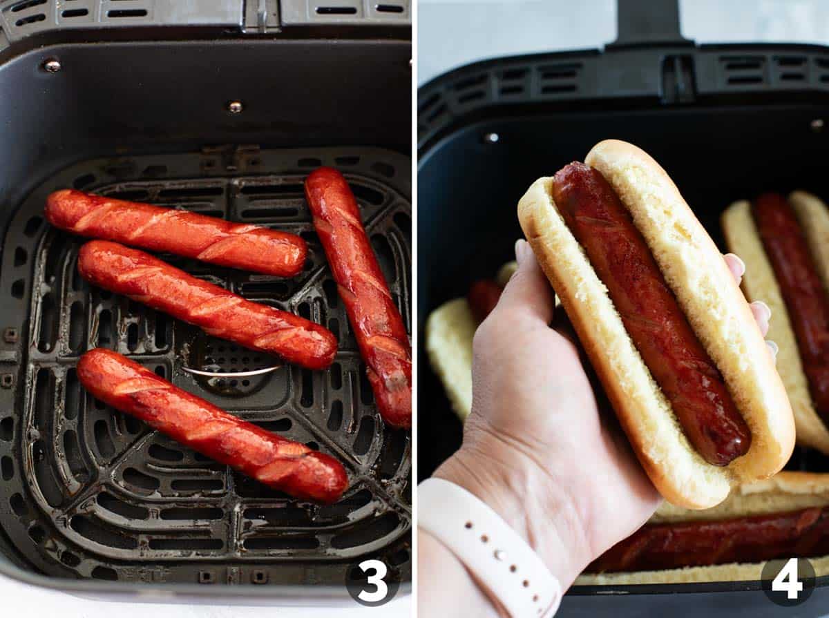 Cooking hot dogs in an air fryer and adding hot dogs in buns to the air fryer.