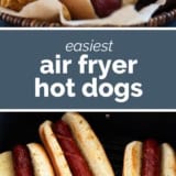 Air Fryer Hot Dogs collage with text bar in the middle.