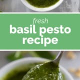 Basil Pesto Recipe collage with text bar in the middle.