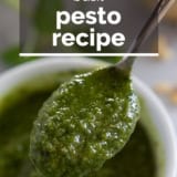 Basil Pesto Recipe with text overlay.