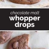 Chocolate Malt Whopper Drops collage with text bar in the middle.