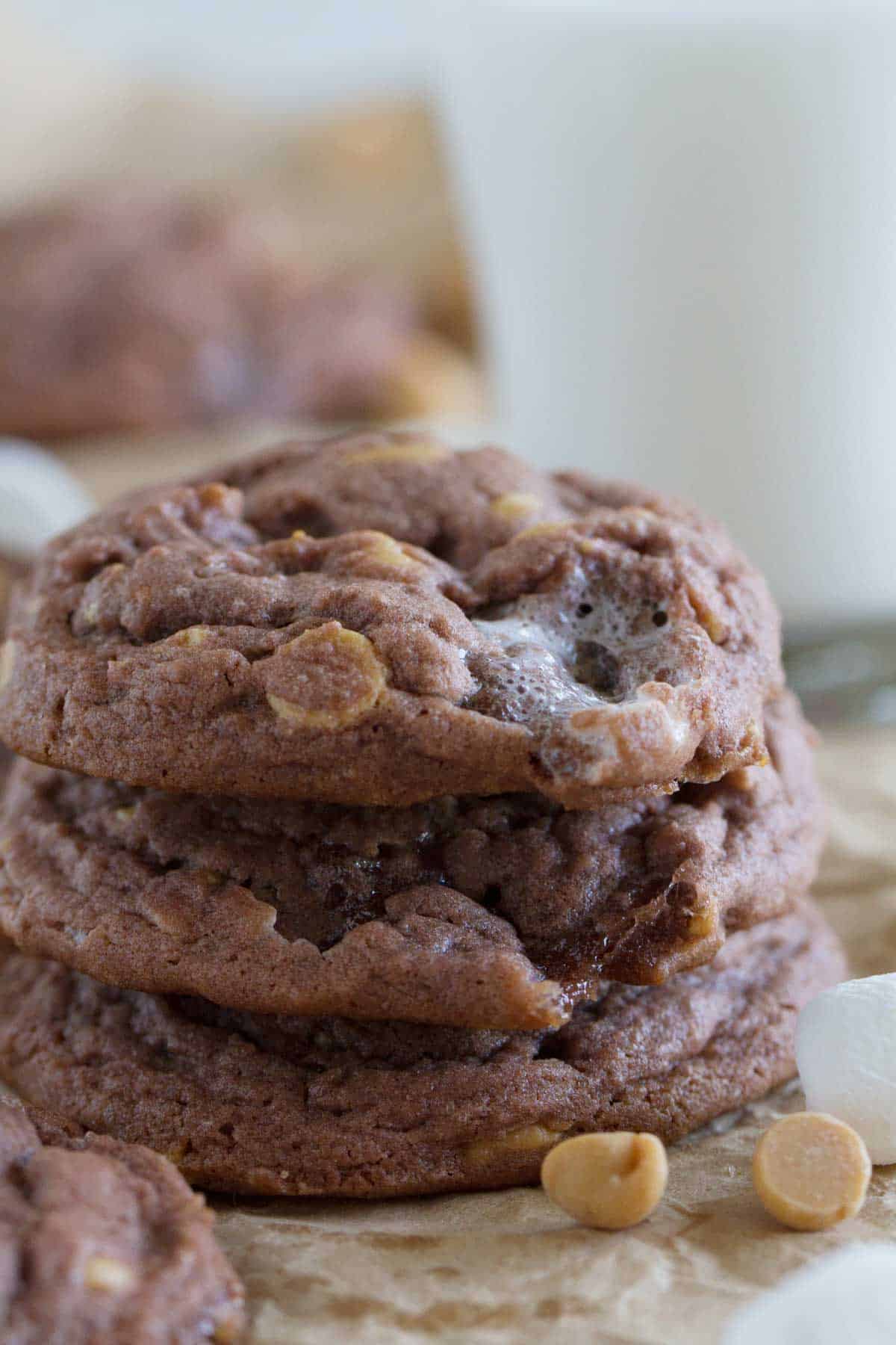 Stack of Chocolate, Peanut Butter, and Marshmallow Pudding Cookies.