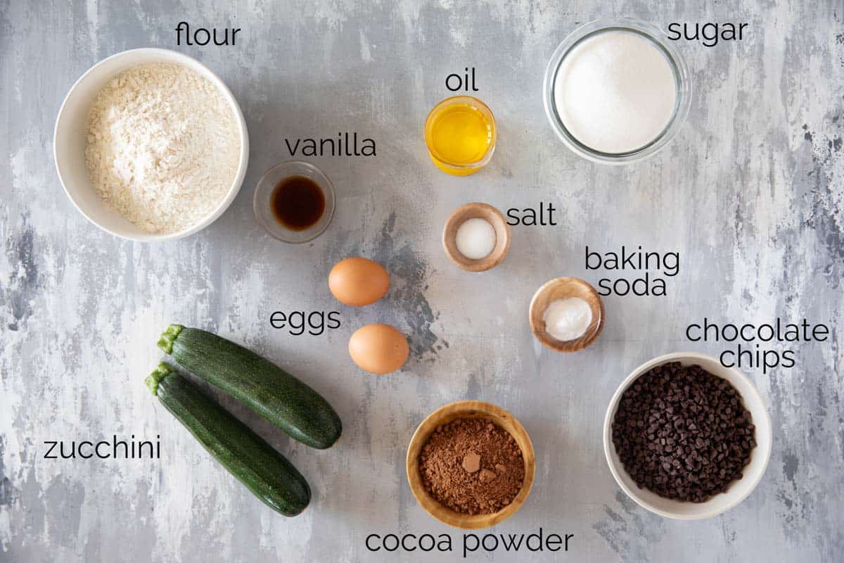 Ingredients to make Chocolate Zucchini Bread.