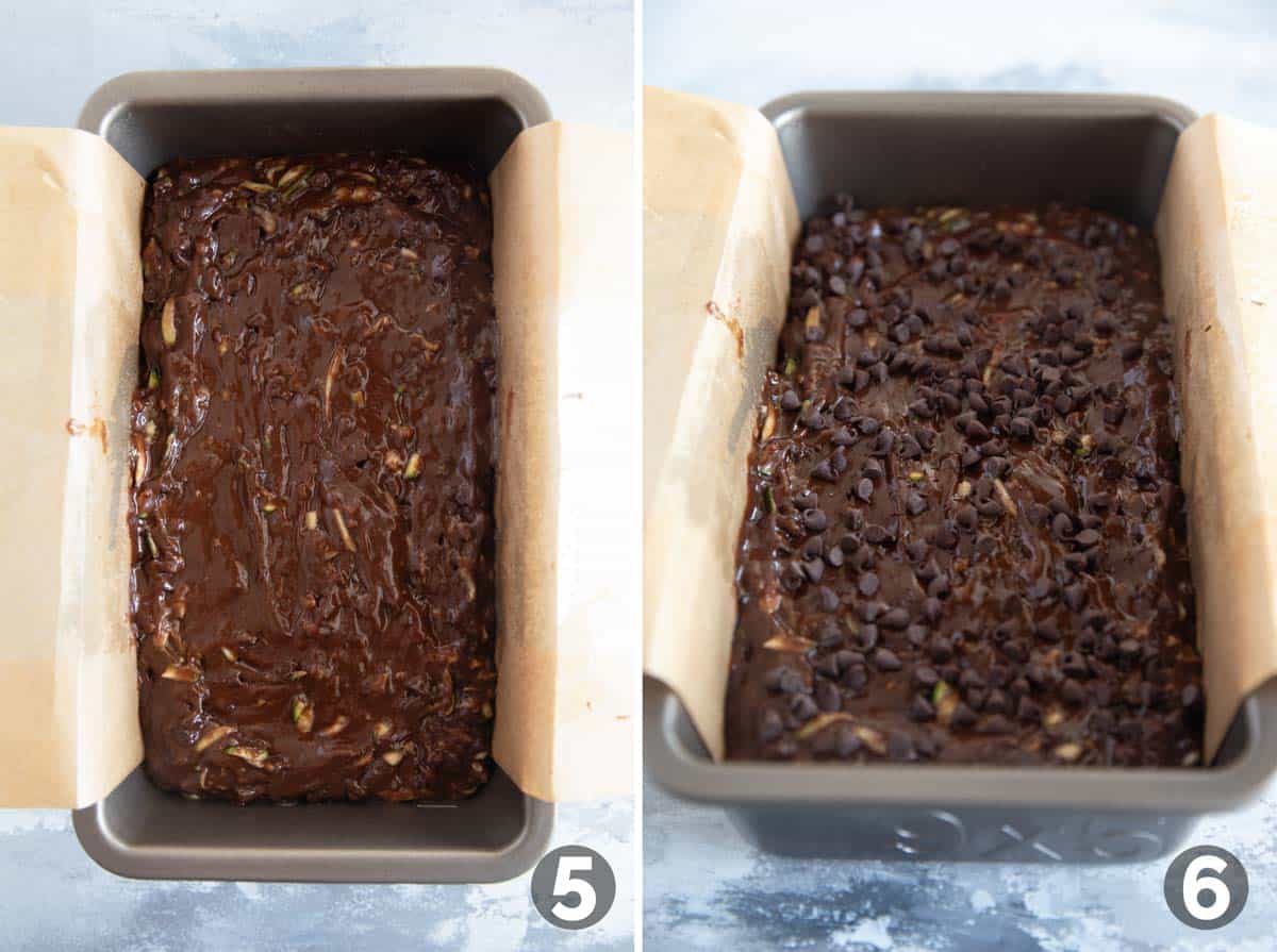 Adding chocolate zucchini bread batter to a loaf pan and topping with mini chocolate chips.