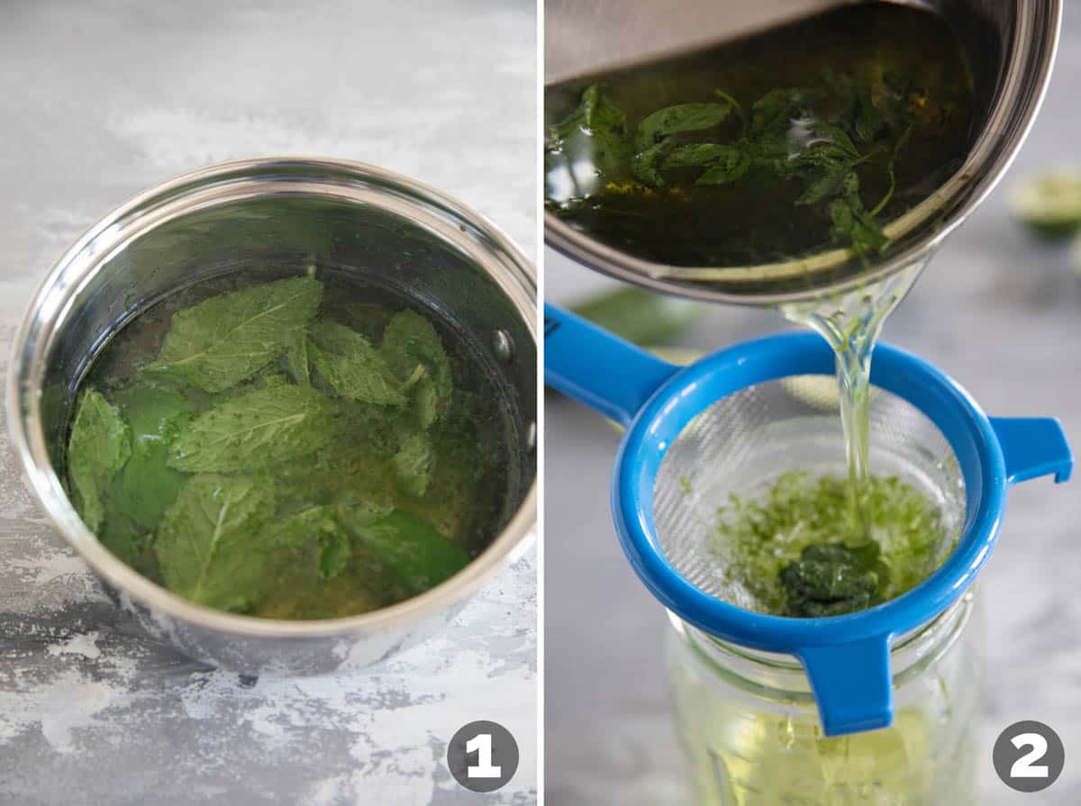 Making simple syrup and straining out zest and mint leaves.