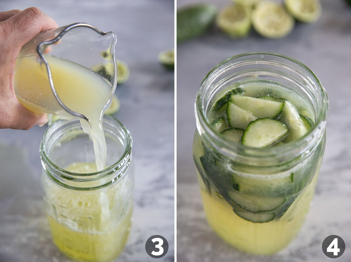 Pouring lime juice and adding cucumbers.