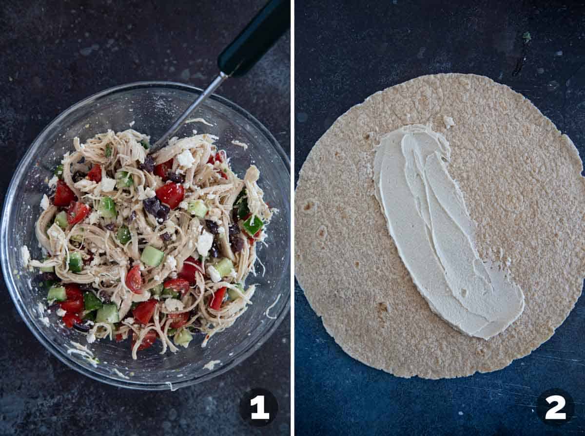 Making filling and adding hummus to a tortilla for meal prep chicken wraps.