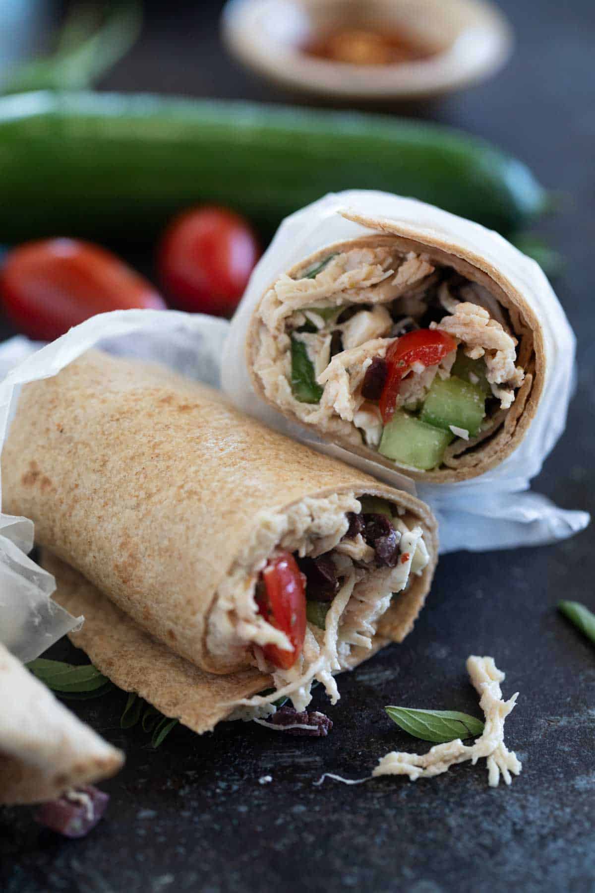 Greek Chicken Wrap cut in half and stacked.
