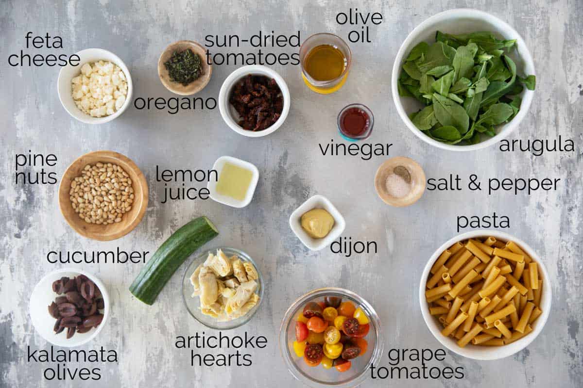 Ingredients to make Mediterranean Pasta Salad.