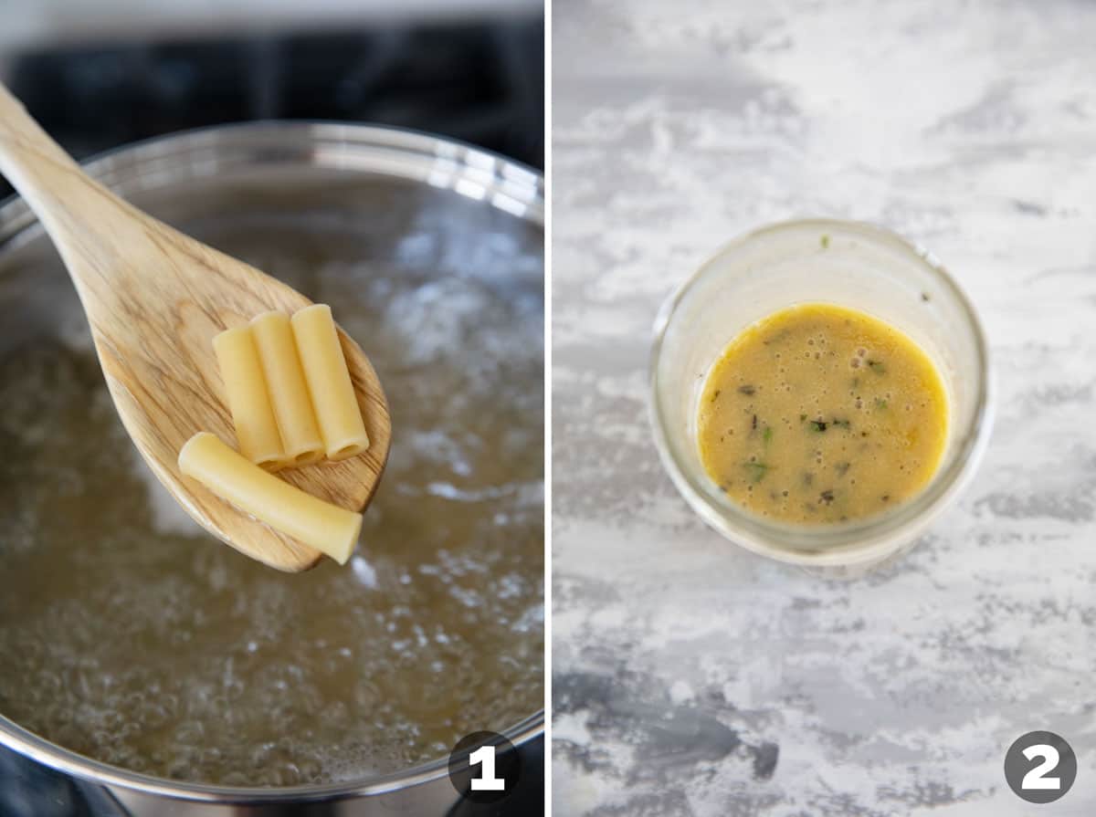 Cooking pasta and making dressing for Mediterranean Pasta Salad.