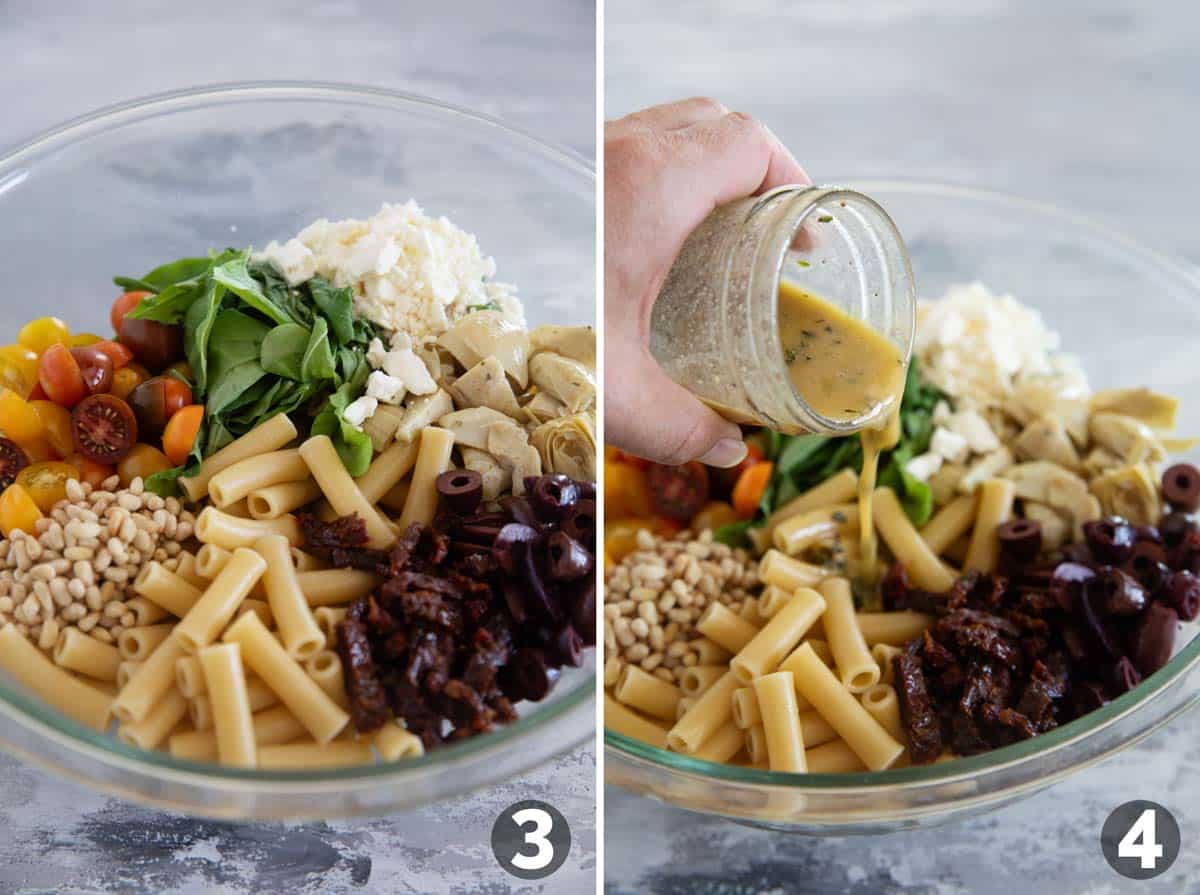 Mixing together ingredients and dressing to make Mediterranean Pasta Salad.