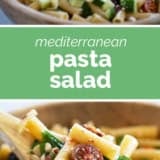 Mediterranean Pasta Salad collage with text bar in the middle.