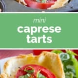 Mini Caprese Tarts collage with text bar in the middle.