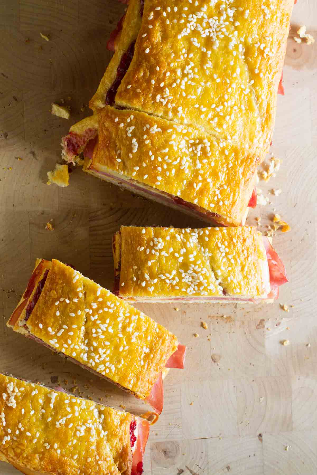 Monte Cristo Sandwich Loaf cut into slices.