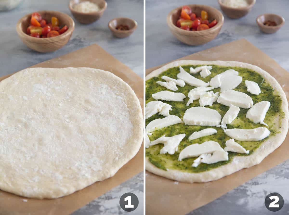 Stretching out pizza dough and topping it with pesto and mozzarella.