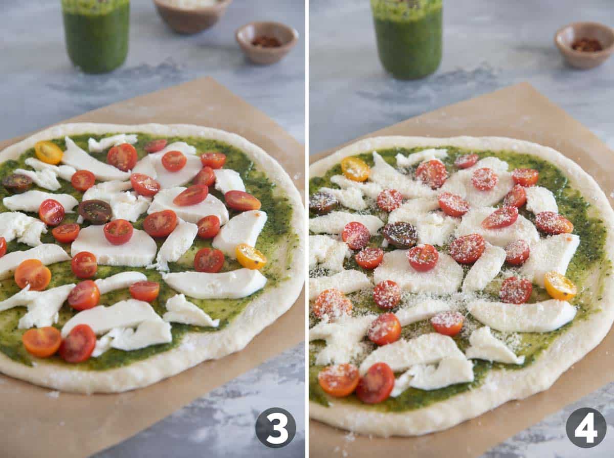 Topping a pesto pizza with cheese and tomatoes.