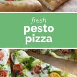 Pesto Pizza collage with text bar in the middle.