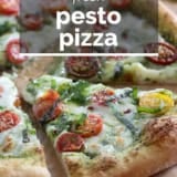 Pesto pizza with text overlay.