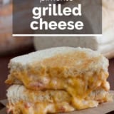Pimento grilled cheese sandwich with text overlay.