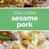 Slow cooker sesame pork roast collage with text bar.