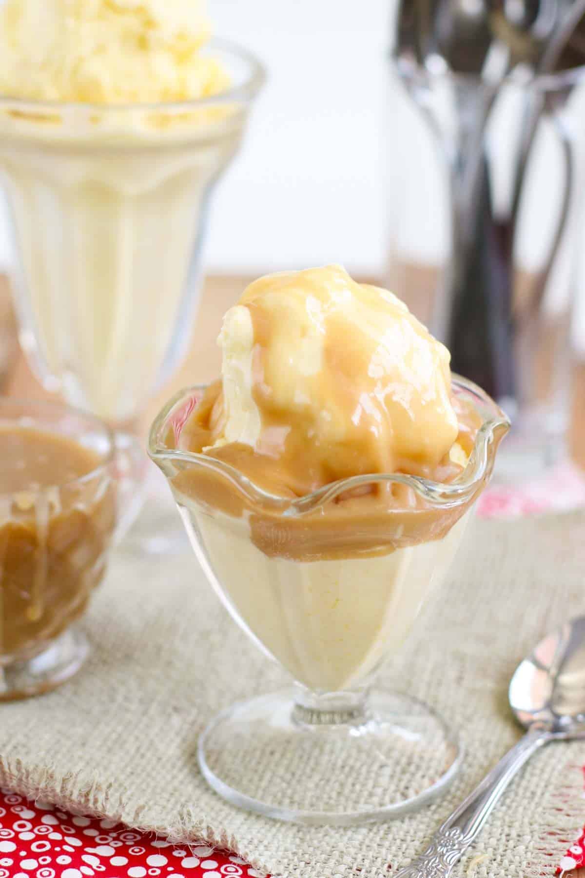 Sweet Corn Ice Cream with salted caramel sauce poured over the top.