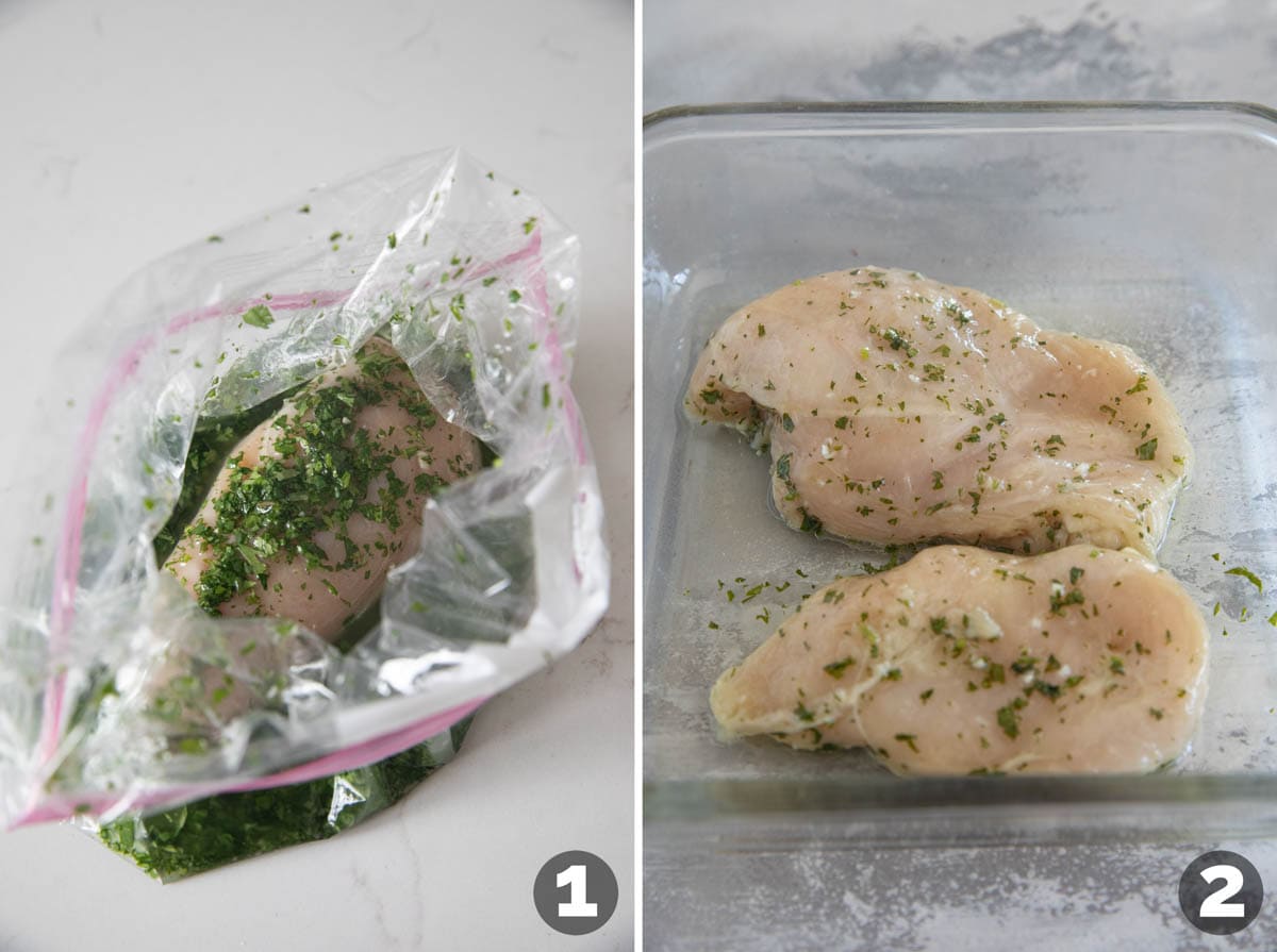 Marinating and baking chicken for a Thai Chicken Salad.