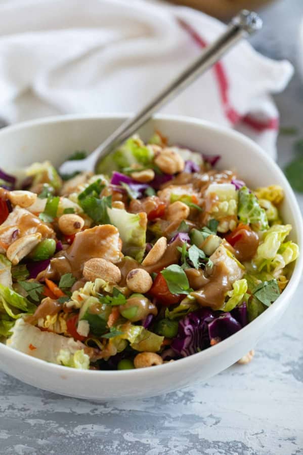 Thai Chicken Salad with easy homemade dressing and peanut sauce.