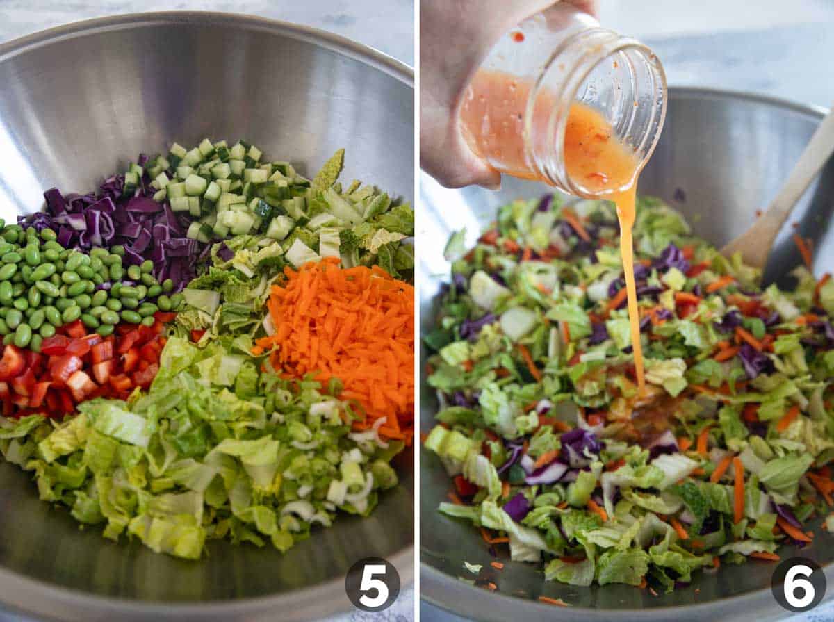 Combining ingredients and adding dressing to Thai Chicken Salad.
