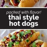 Thai Style Hot Dogs collage with text bar in the middle.