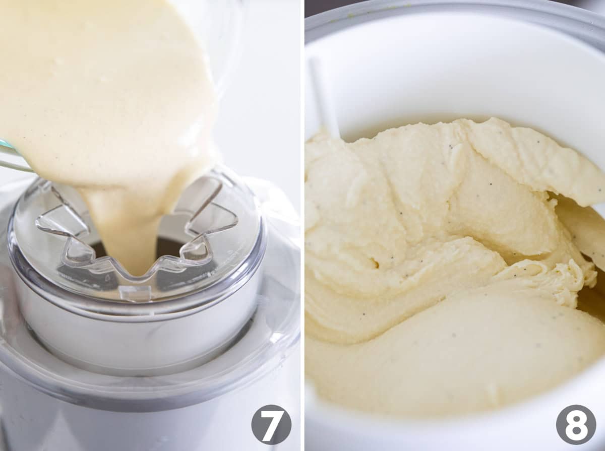 Adding custard to an ice cream maker to make vanilla ice cream.