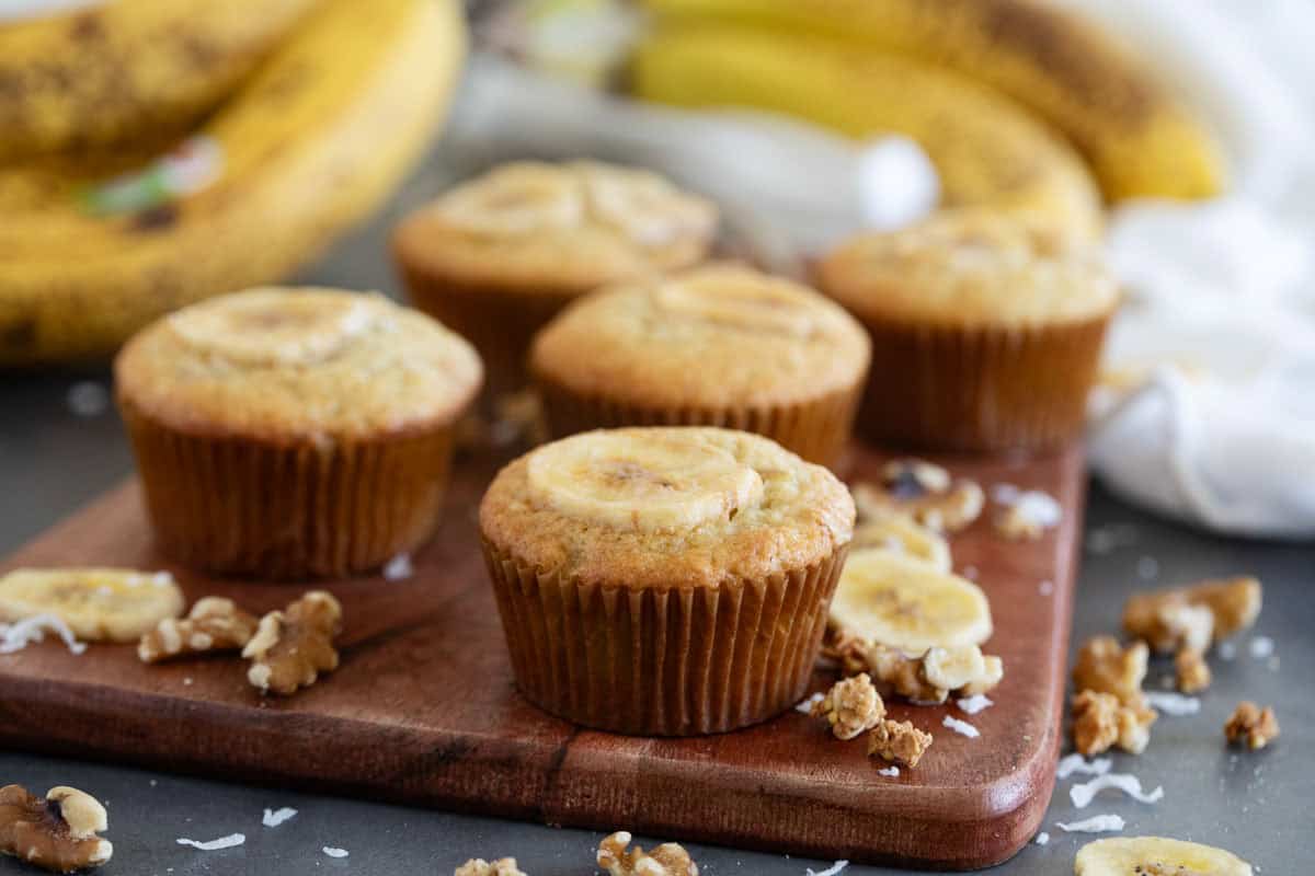 Banana Crunch Muffins with granola, coconut, and nuts.