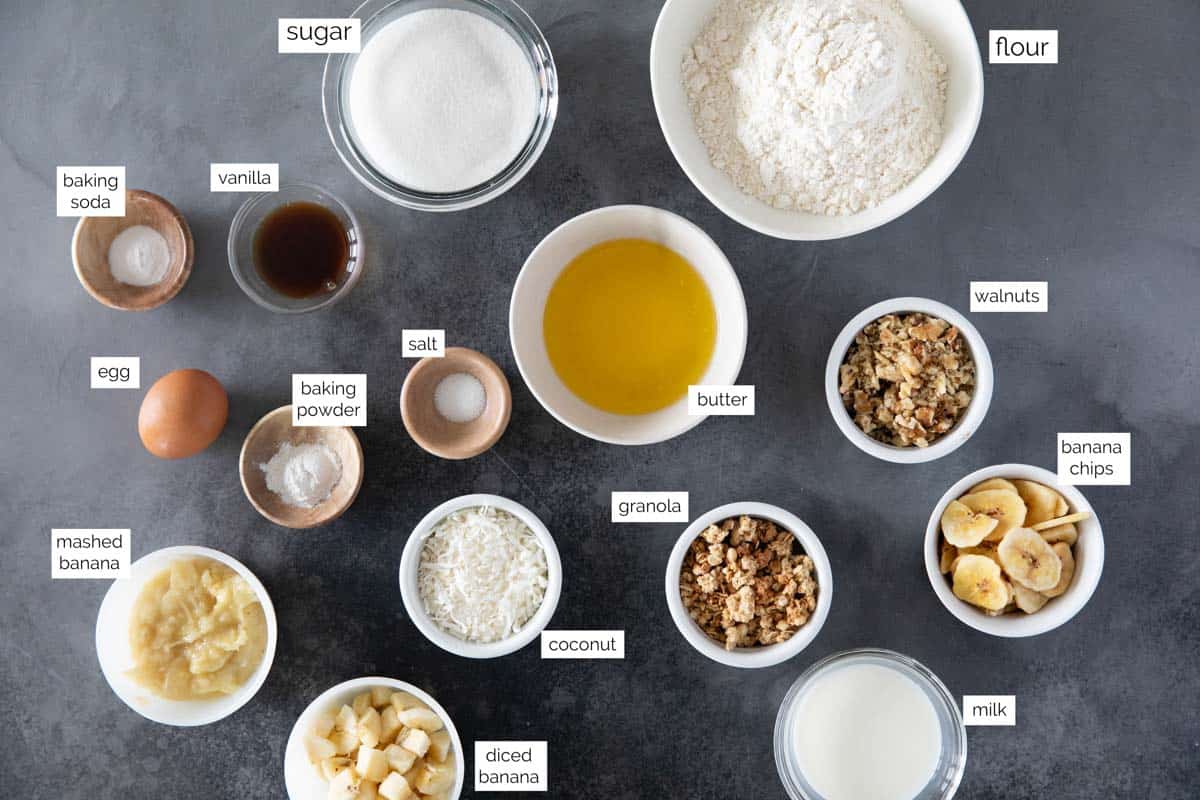 Ingredients to make Banana Crunch Muffins.