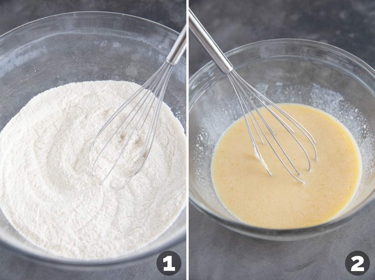 Mixing dry ingredients and mixing wet ingredients for Banana Crunch Muffins.