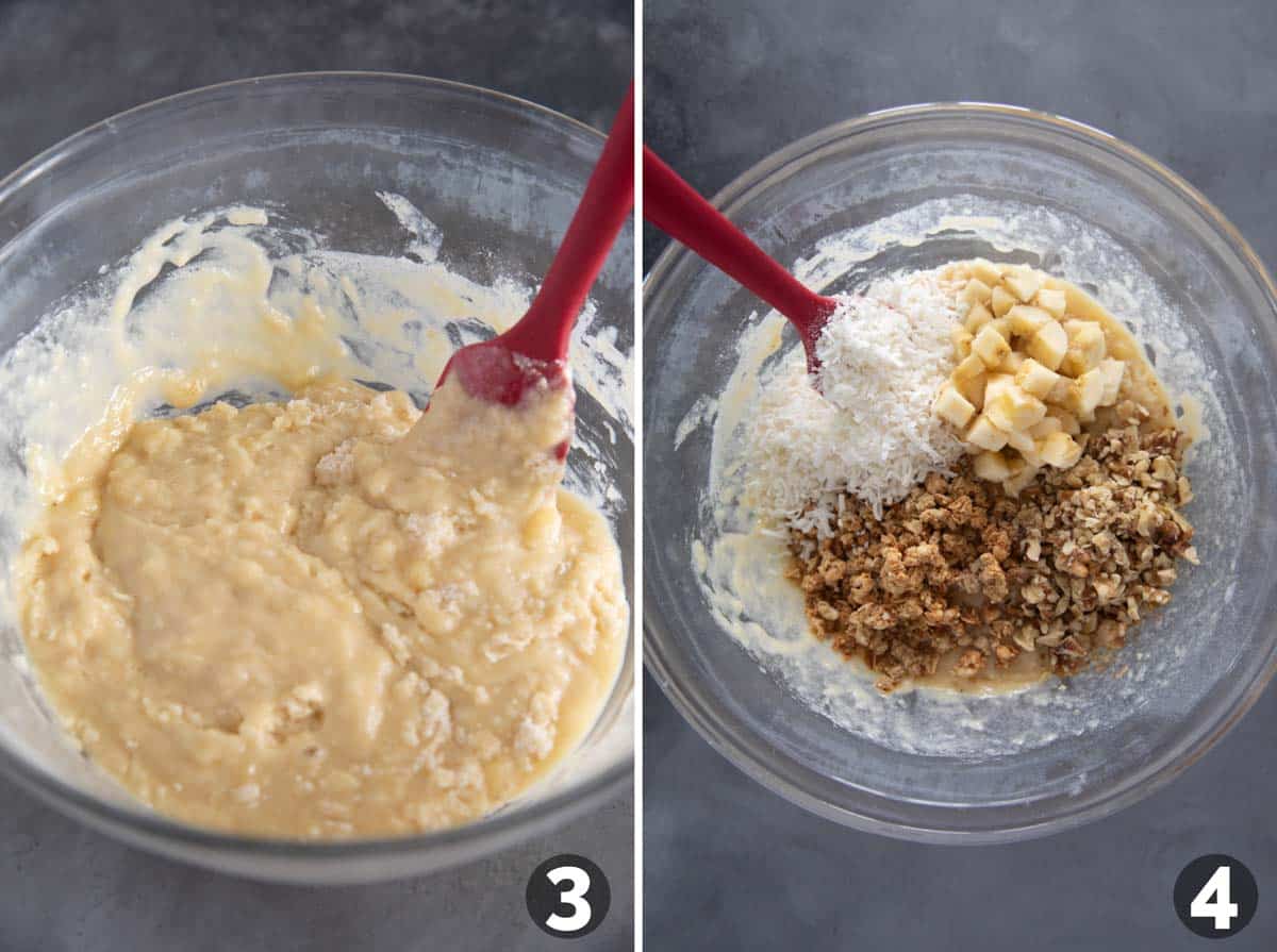 Mixing batter and adding in filling ingredients for Banana Crunch Muffins.