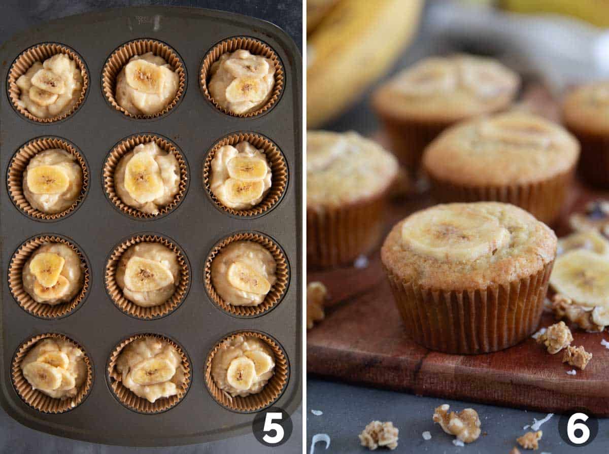 Filling muffin tin with banana crunch muffin batter and baked muffins.